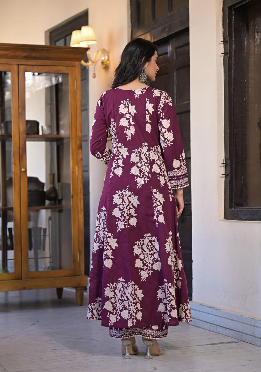 Plum Flair - Printed Anarkali 3 Piece Palazzo Set