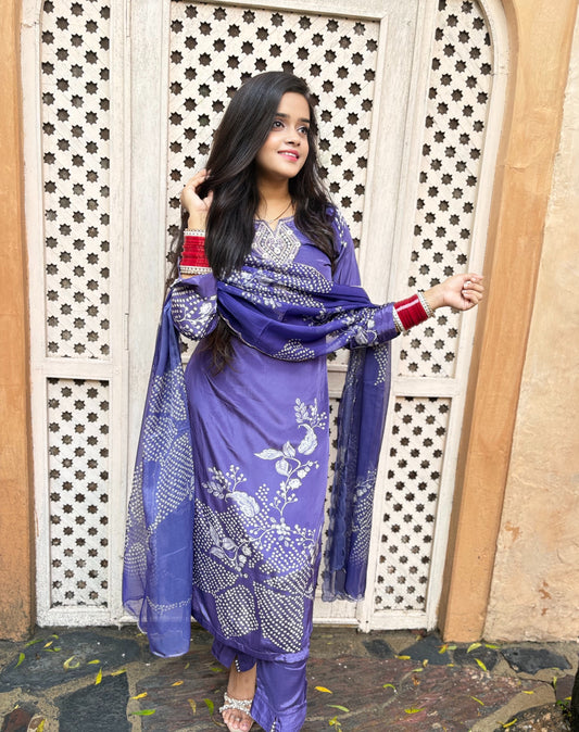 Raahi Bandhani- 3 Piece Satin Silk Suit Set