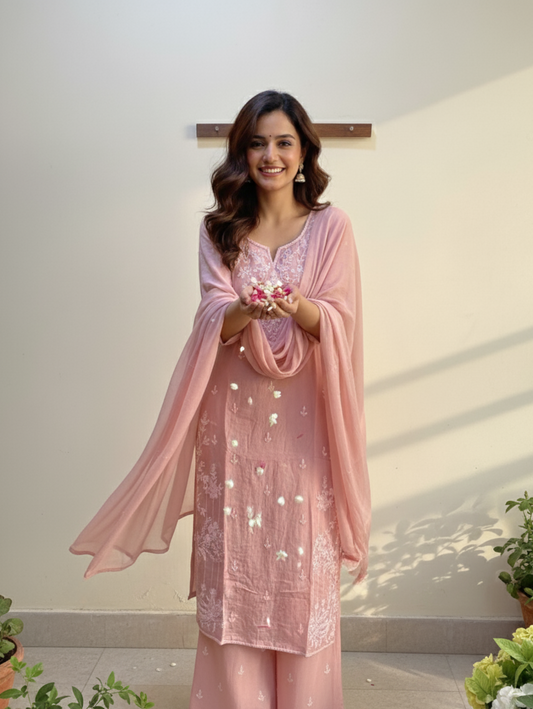 The Petal Blush - 3 Piece Straight Kurta Set