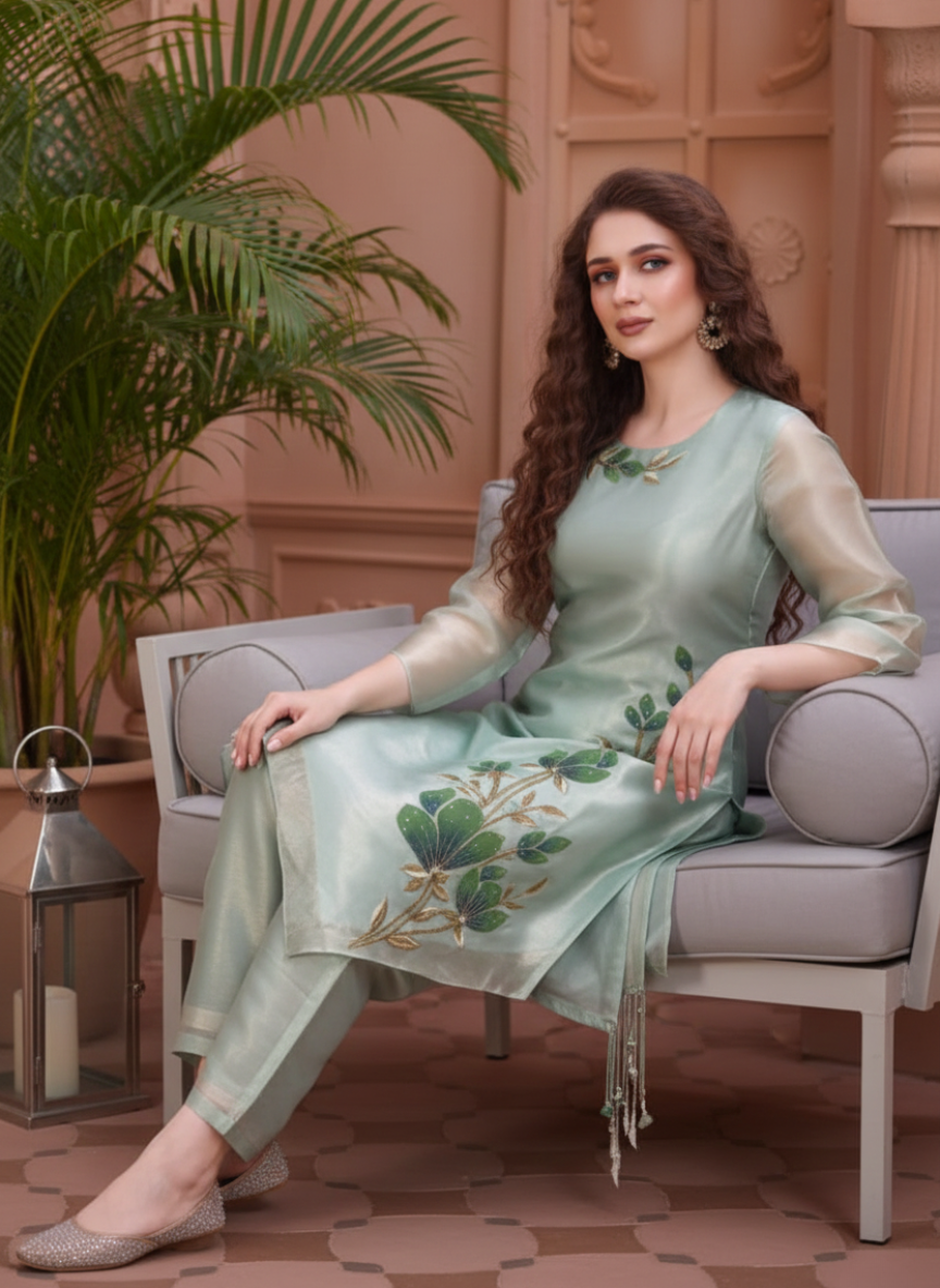 Sage Garden Handpainted Embroidered  Co-Ord Set