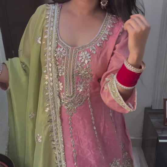 Gulaabi Shaan - 3 Piece Pink Suit Set (Tunic Kurta, Farshi Salwar & Dupatta)