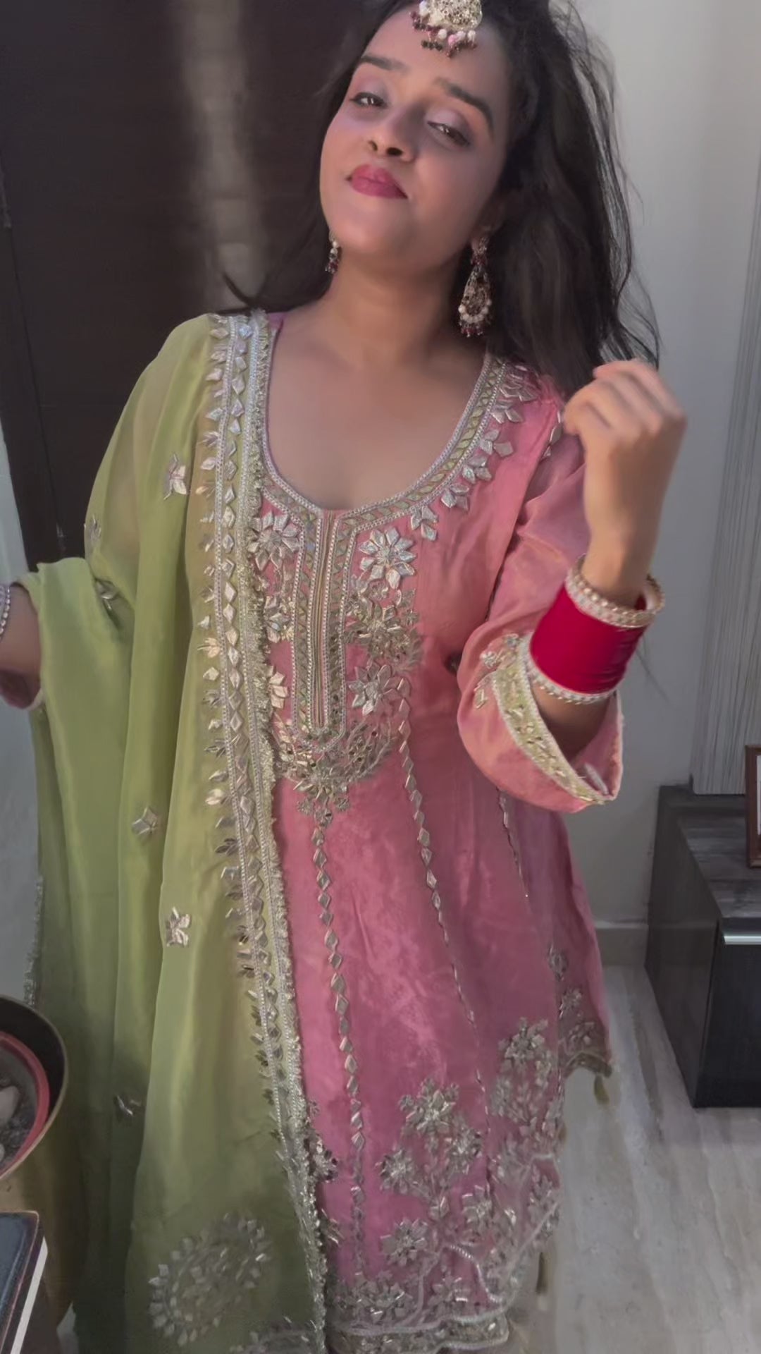 Gulaabi Shaan - 3 Piece Pink Suit Set (Tunic Kurta, Farshi Salwar & Dupatta)