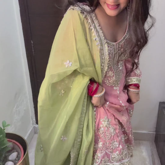 Gulaabi Shaan - 3 Piece Pink Suit Set (Tunic Kurta, Farshi Salwar & Dupatta)